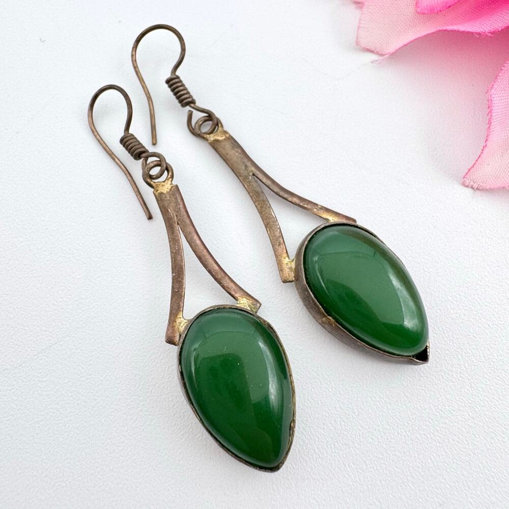 Green Teardrop Glass Cabochon Earrings Patina Boho Festival Bohemian Ethnic